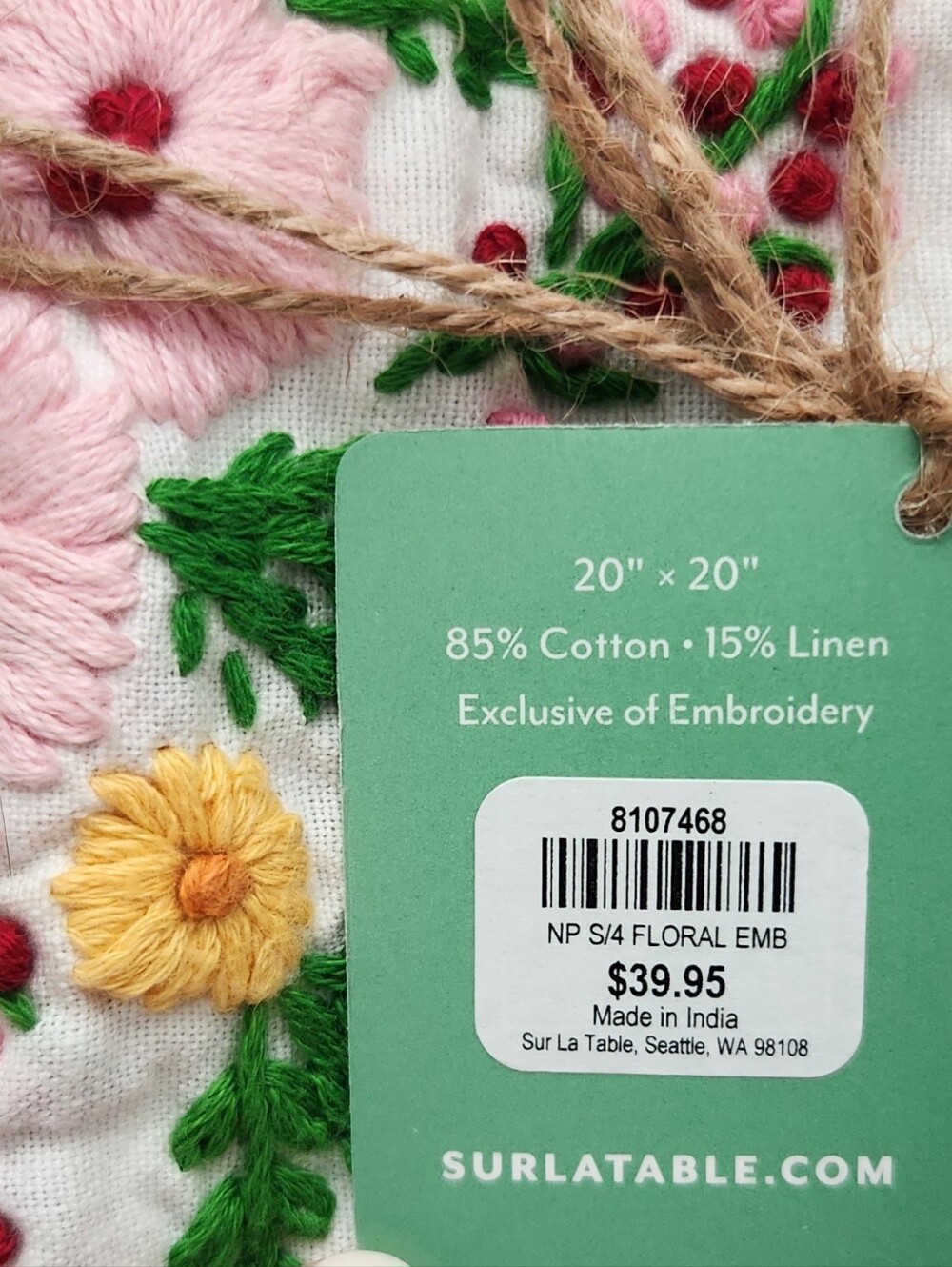 Sur la Table Jardin Floral Embroidered Napkins - Set of 4 - New - Picture 3 of 6